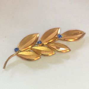Made In Austria Gold Tone Leaf Branch Pin Brooch Blue Sapphire‎ Stones Vintage